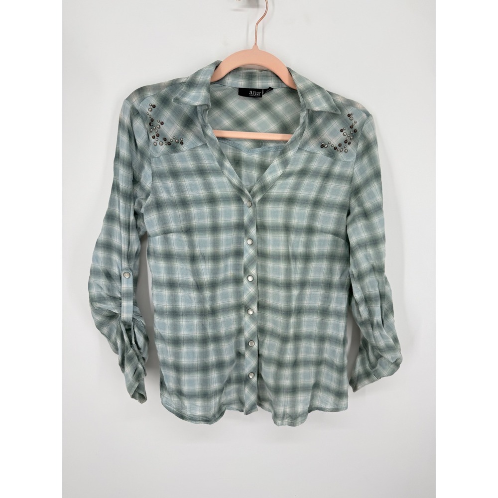 a.n.a Button Down Shirt Women Small Green Plaid Studded Western Roll Tab Sleeve